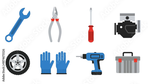 Essential flat tools and equipment icons for mechanics and diy projects