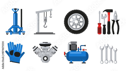 Auto repair tools collection: jack, wrench, compressor, and more in flat style