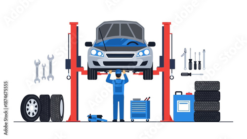 Car repair and maintenance scene in garage with automotive tools and equipment