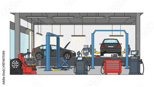 Modern car service garage interior with lift and repair equipment