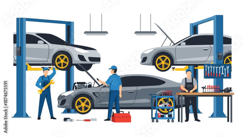 Modern car repair garage with mechanics working in flat design