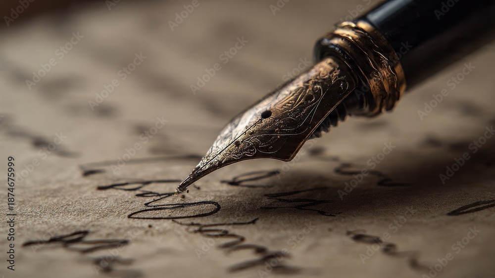 Fototapeta premium Writing with vintage fountain pen on parchment