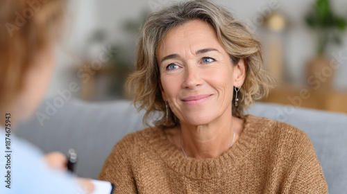 Warm and supportive psychotherapy session in cozy room setting