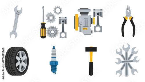 Flat car repair tools and engine parts set for automotive maintenance