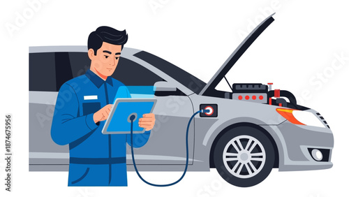 Mechanic diagnosing electric car with tablet