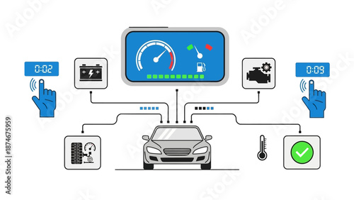 Connected car dashboard with digital interfaces and performance indicators