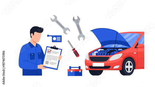 Mechanic inspecting car engine with tools and checklist in flat design