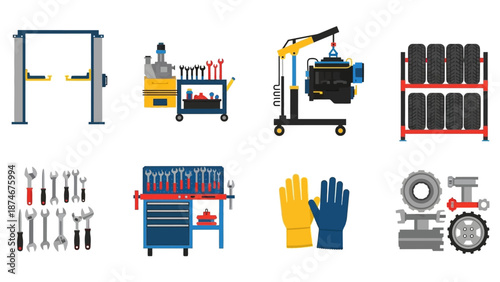 Vintage garage equipment: tools, lift ramps, engine crane, tire rack in flat design