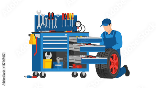 Mechanic organizing tool cabinet with tools and car tire in workshop