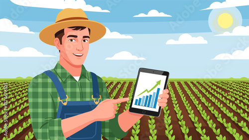 Digital farming growth vector illustration of a farmer using a tablet with a rising graph in a field