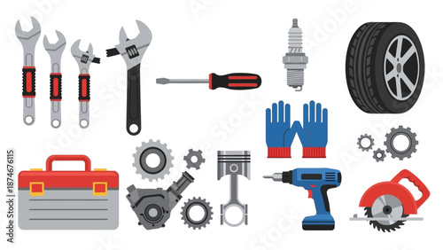 Comprehensive set of auto repair tools with piston and tire elements in flat design style