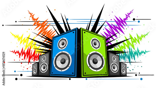 Dynamic sound illustration of two large speakers with colorful sound waves vector art