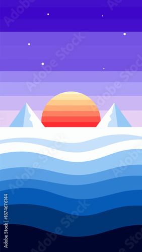 Minimalist vector illustration of a serene sunset over snow-capped mountains and calm waves