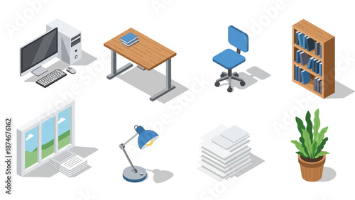 Isometric office furniture and equipment set for modern workspaces