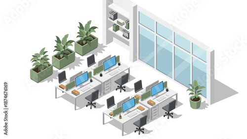 Modern office layout with desks and greenery in isometric style