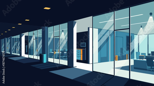 Modern office interior with glass walls in evening light