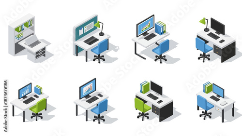 Isometric office desks with computers and chairs in modern workspace set