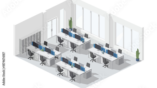 Modern open plan office with desks and chairs in isometric view