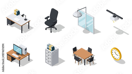 Modern office furniture and fixtures isometric set with desk, chair, and decor elements