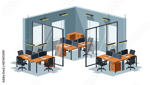Modern isometric office workspace with desks, chairs, and computers