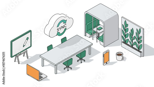 Modern office design with isometric furniture and technology elements