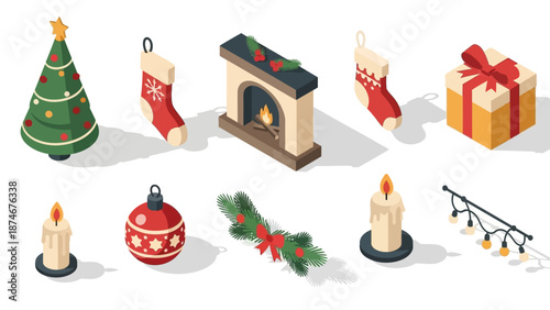 Isometric christmas decorations set featuring tree, fireplace, gifts, and candles