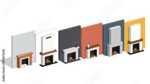 Isometric fireplace designs with diverse styles and modern aesthetics