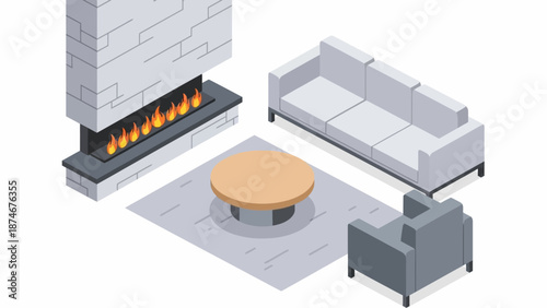 Isometric living room with fireplace and modern furniture