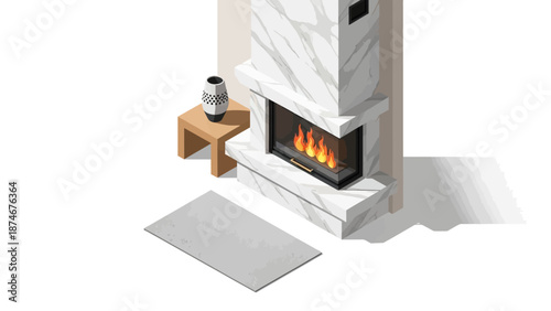 Cozy isometric fireplace with marble design and wooden decor elements