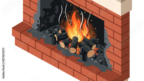 Cozy brick fireplace with burning logs in isometric design – warmth and comfort for home interiors