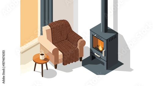 Cozy living room with armchair and fireplace in isometric design