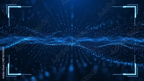Dynamic blue digital landscape with futuristic interface elements for backgrounds and presentations in technology sector.
