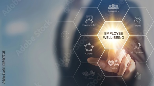 Businessman Touching Employee Well-being Digital Interface with Hexagonal Tiles and Icons, Corporate Technology Concept