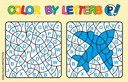 Color by letter P. Coloring Plane. Puzzle game for children education