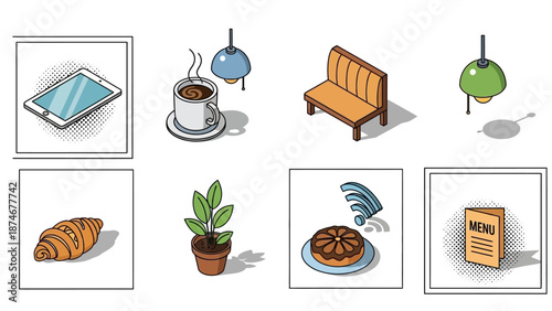 Modern isometric café elements featuring coffee, pastry, technology, and dining icons