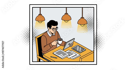 Cozy home office scene with person working on tablet and drinking coffee