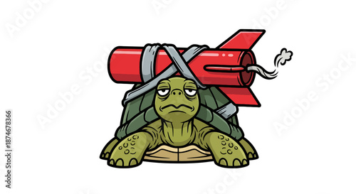Cartoon turtle strapped with a large red missile weapon illustration