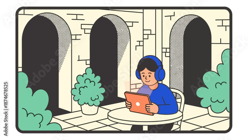 Cozy courtyard relaxation with tablet and headphones in retro style