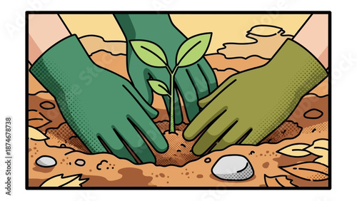 Comic style hands planting a sapling in soil with green gloves