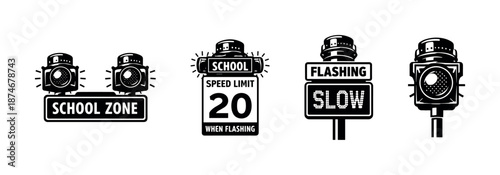 School zone vector icons set: traffic signs, speed limits, flashing signals