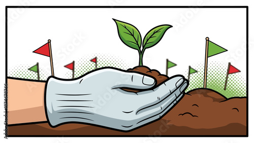 Comic style gardening scene with hands holding a seedling and colorful flags