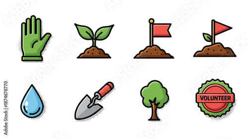 Colorful gardening and volunteering icons set with planting and tools theme