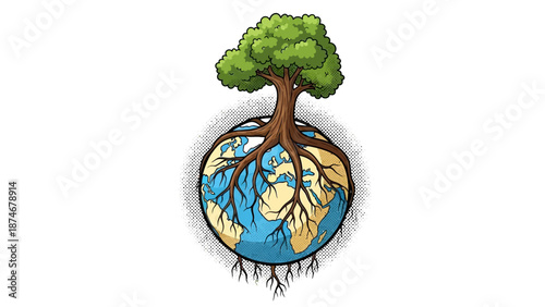 Nature and growth: tree with roots over earth in retro comic style