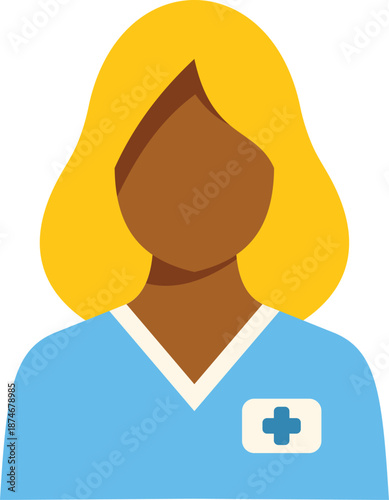 Bust of female healthcare professional with blonde hair wearing blue uniform with cross, representing medical care and expertise