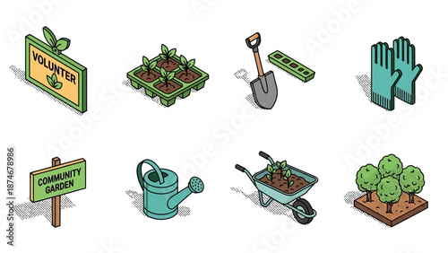 Isometric gardening icons: volunteer, tools, plants, community garden concepts