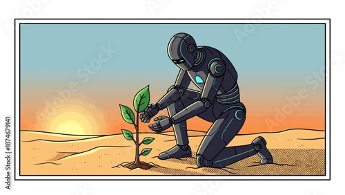 Futuristic robot nurturing a plant in a desert sunset scene