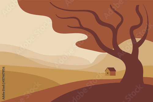 Monochromatic Autumn Landscape with a Solitary Tree and House, moody seasonal concept