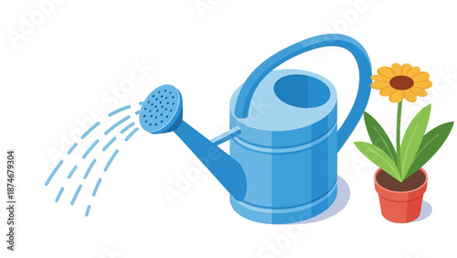 Isometric watering can with flower in pot: perfect gardening design