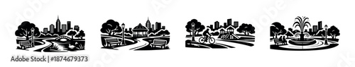 City park vector icons set: black urban landscape, skyline, playground scenes