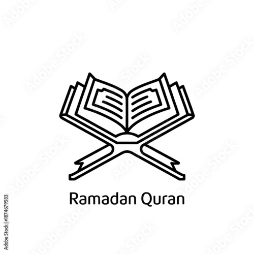 Outline icon of an open quran on a rehal, symbolizing islamic devotion and spiritual learning